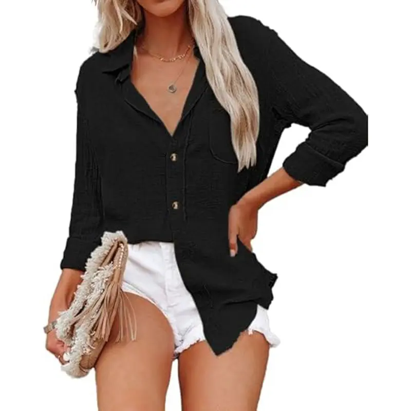 Women's Cotton-Linen V-Neck Button-Down Shirt - Fashion Roll-Up Long Sleeve Collared Work Blouse for Spring & Autumn Dressy-Casual Minimalist Basic Outfits