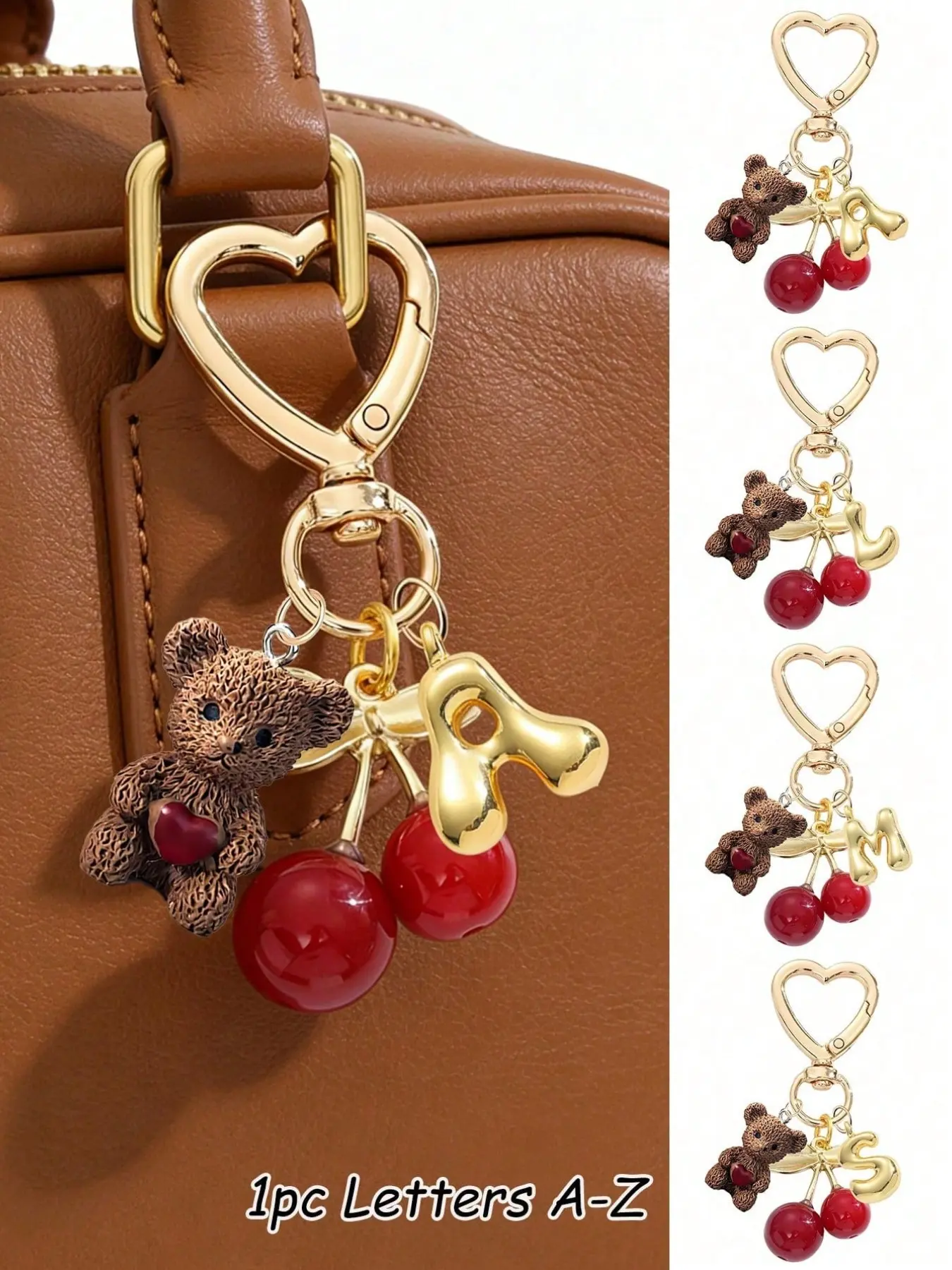 Teddy Bear Keychain with Cherry and Bubble Letters A-Z, Initial Keychain, Cute Bear Pendant for Bags, Backpacks, Gym, Classroom, Daily Use, Gift, Key Charms, Aesthetic Keychain