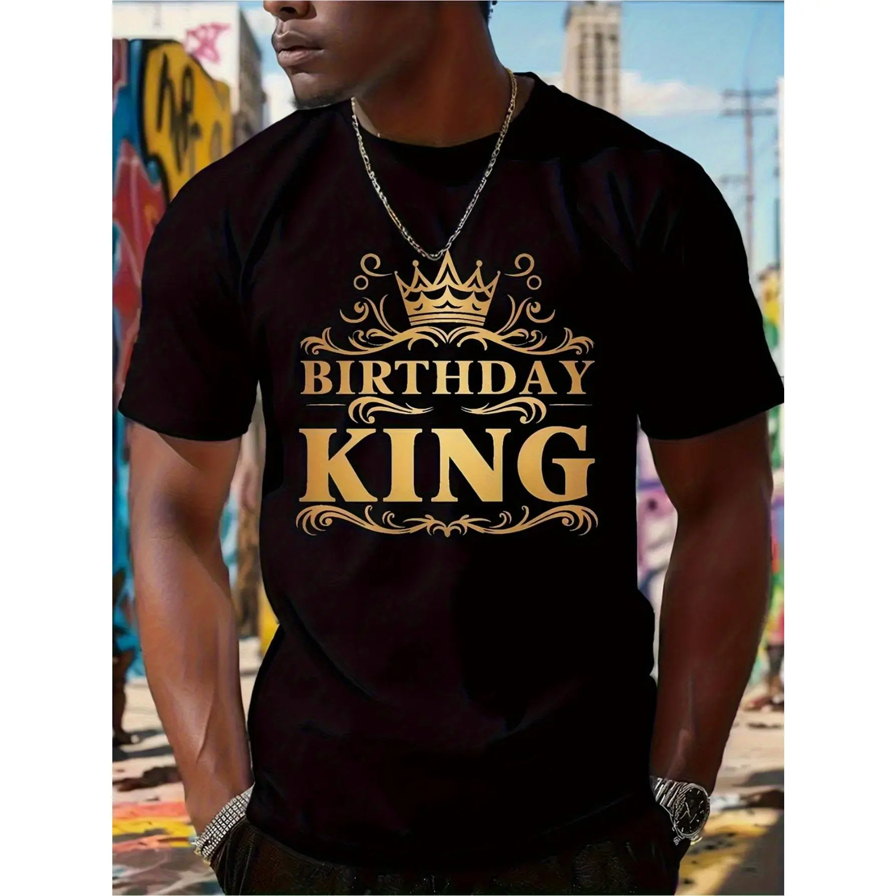 Men's "Birthday King" Graphic T-Shirt - 100% Cotton Crew Neck Short Sleeve Tee with Golden Lettering & Ornate Design - Regular Fit Casual Shirt for Birthdays, Father's Day, Christmas - Machine Washable Celebration Apparel, Birthday Tshirt, Celebration Clo