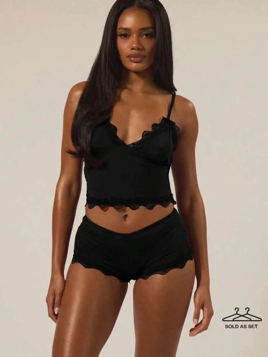 Women's Lace Trim Cami And Boxer Short Set, Adjustable Strap Sexy Lingerie Loungewear, Comfortable Summer Sleepwear