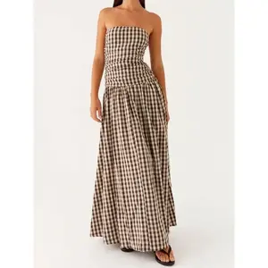 Women Tube Long Dress Ruched Boat Neck Backless Sleeveless Strapless Flowy Dresses Dress set Combined With Jacket Soft And Light Cardigan, set Can Be Separated, Youthful And Feminine Summer Clothes