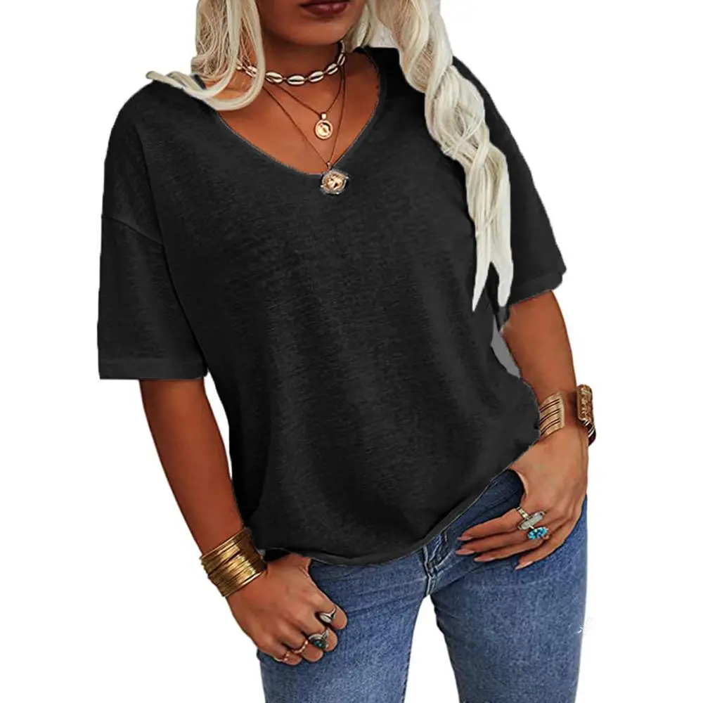 【Plus Size】PiePieBuy Women's Soft V Neck Tshirt Half Sleeve Lightweight Loose Fit Minimalist Top Casual Comfortable Simple Womenswear shirts