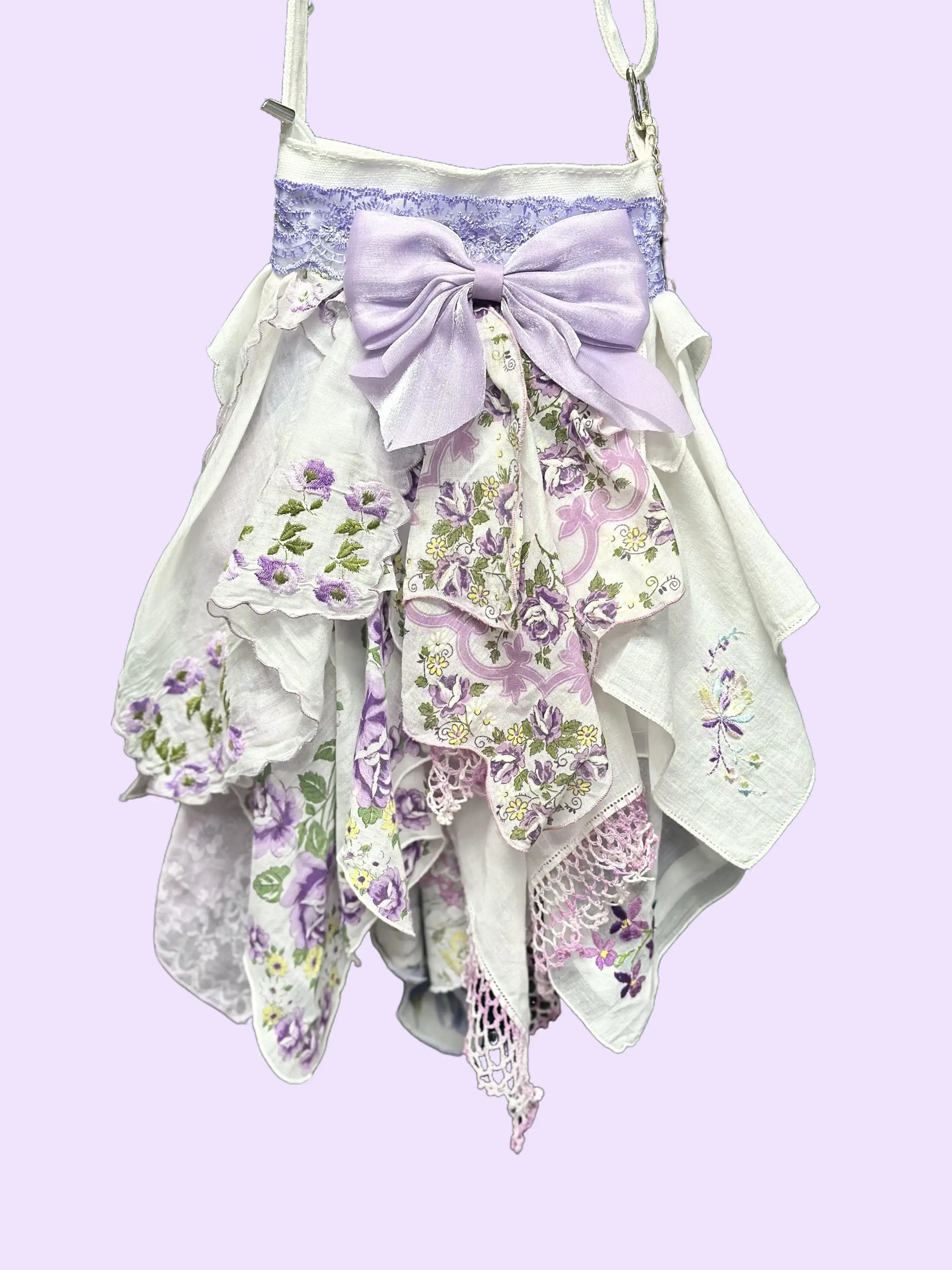 Women's Preppy Cute Antique Handkerchief Crossbody Bag - Vintage Purple Floral Purse with Adjustable Strap, Zipper, Lightweight Design for Parties, Chic, Retro (Do Not Wash), Flowers, Antique Handkerchiefs, Party