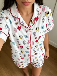 Korean Cute Pattern Pajama Set, Button Front Two-Piece Sleepwear, Soft Comfortable Women's Nightwear, All Seasons Party Style