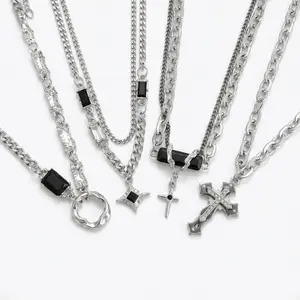 4-Piece Layered Necklace Set for Women Y2K Cross Star Pendant Chain Stackable Jewelry Goth Aesthetic Mix Match Trendy Alt Grunge Streetwear Accessories Birthday Christmas Valentines Day Gifts for Her Teen Girls