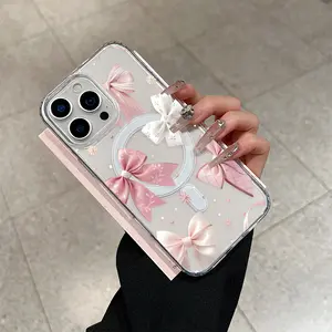Cartoon Bow Pattern Acrylic Transparent Magnetic Soft Anti Drop Lightweight and Durable Wireless Charging Supported Phone Case for iPhone 17 Pro Max 16 15 14 13 12 11 Samsung GALAXY phone case brick phone blocker Protective Cellphone Smartphone Protector