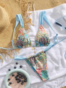 women's patchwork print bikini set, casual adjustable strap tie back swim top & swim bottom, women's swimsuit for summer beach holiday vacation, swimsuits bikinis