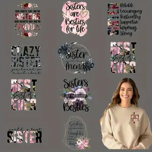 12pcs/set Sister Quotes DIY Transfer DTF Transfer Paper, Craft, Diy Kit, Multicolor, Vinyl, Washable Heat Transfer, No Iron, for T-Shirt, Mask, Jeans, Backpack
