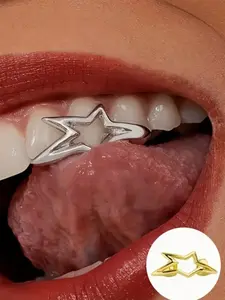Women's Teeth Grillz Hollow Star Design, 14k Gold Plated Copper Material, Hip Hop Fashion Accessory, Stylish Dental Jewelry, All Seasons