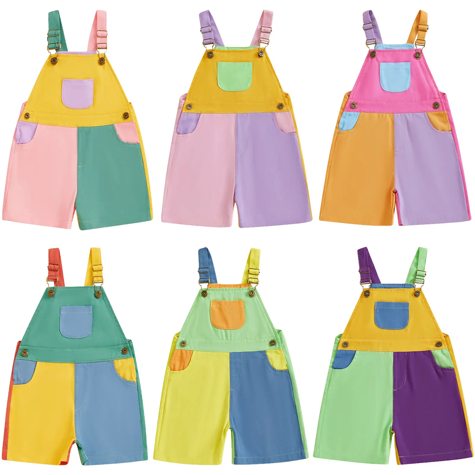 PYBCVRRD 90's Style Toddler Boy And Girls Dopamine Color Overalls Patchwork Suspender Shorts Adjustable Straps Romper Summer Loose Pants Kids Dopamine Dressing Clothes