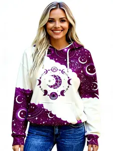 Boho Chic Women's Hoodie - Western Bohemian Vintage Pullover Sweatshirt with Drawstring Hood | Celestial Moon Phase & Zodiac Print Comfortable Fit, Streetwear Fashion, Retro Design, Soft Material, Printed Sweater, Boho Lovers