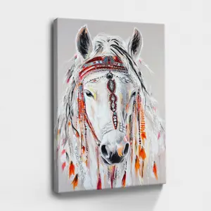 1-Piece Wood-Framed Abstract Horse Headdress Beaded Feather Poster Print - Artistic Colorful Fade-Resistant Ink Wall Decoration, Home Room Decor Gift (Home Supplies)