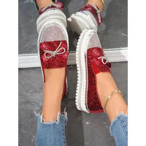 Women's Rhinestone Bow Decorated Slip on Loafers, Trending Shoes, Fashionable Glitter Design Loafers for Daily Wear, Casual Comfortable Shoes for Women & Girls