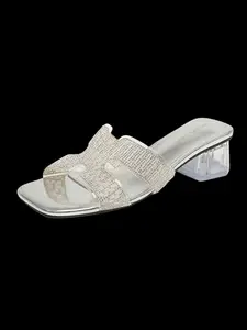2026 Summer New 35-40 Size Ivory Rhinestone H-Type Sandals, Women's Crystal Heel Flip Flops, Outdoor Versatile Open-Toe Mid-Heel Slippers
