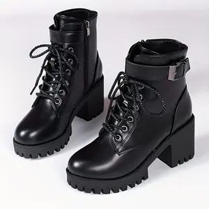 Women’s Fashion Chunky Heel Ankle Boots with Belt Buckle and Side Zipper, Lace-Up High-Heel Platform Booties Black
