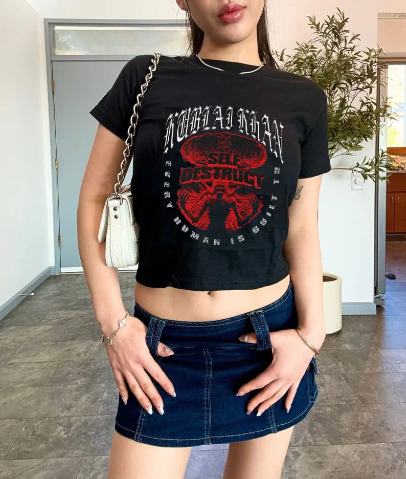 90s Kublai Khan TX Destruct Merch Baby Tee – Emo Goth Outfit for Women | Emo Goth Graphic Band Shirt | Hardcore Metal Concert Y2K Streetwear, Y2K Graphic Band Baby Tee, Gothic baby tee, Downtown Girl Baby Tee, Gift For Her, Outfits