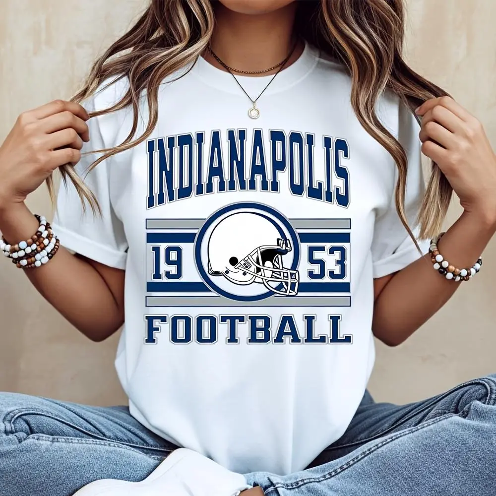 Indianapolis 1953 Football Helmet Graphic Print T-Shirt, Vintage Retro Sports Team Fan Apparel, Casual Daily Wear Game Day Outfit