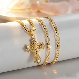 14K Gold-Plated Jesus Cross Pendant Necklace with Sparkling Accents Elegant Religious Jewelry for Thanksgiving Graduation Gifts and Daily Wear