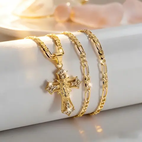 14K Gold-Plated Jesus Cross Pendant Necklace with Sparkling Accents Elegant Religious Jewelry for Thanksgiving Graduation Gifts and Daily Wear