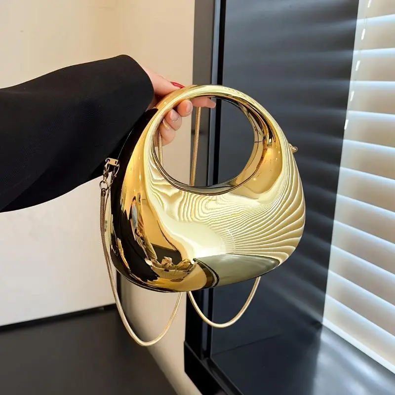 (New)[, Futuristic Gift] Golden Moon-shaped Acrylic Bag - Stylish Handbag with Silver-Plated Chain - Perfect for Evening Events