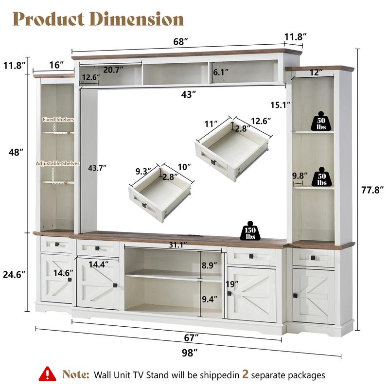 【Ships in 2 Boxes】AMERLIFE Farmhouse 98" Wall Unit TV Stand with Storage Cabinets for TVs up to 78", Large Entertainment Center with Bookshelves & Power Outlets, Wine Display Cabinet with Barn Door, Living Room