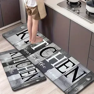 2/3pcs Flannel Kitchen Mat Set, Patchwork Wood Grain Design, Vintage Industrial Style, Non-Slip, Absorbent, Kitchen Floor Mat, Non Slip Rugs