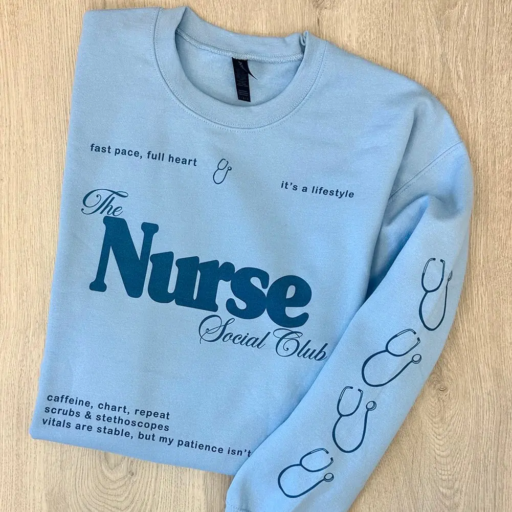 'Nurse Social Club' Crewneck Sweatshirt, Stethoscope Sleeve Print