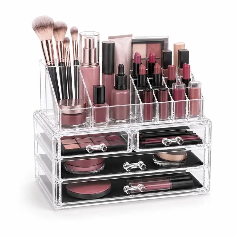 Clear Acrylic Makeup Organizer with 4 Drawers & 16 Top Slots, Stackable Vanity Storage for Makeup, Skincare & Jewelry