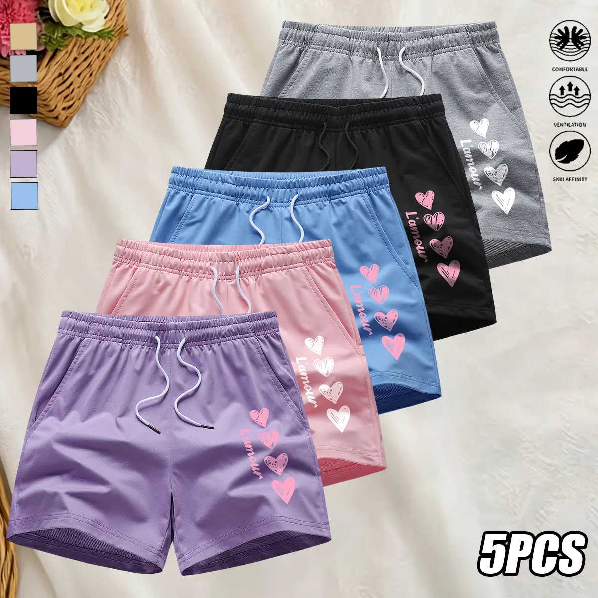 Set of 5 women’s summer athletic shorts with heart print; soft and comfortable; elastic waistband with drawstring and adjustable fit; suitable for vacations and everyday casual wear; women’s shorts.