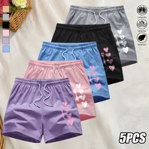Set of 5 women’s summer athletic shorts with heart print; soft and comfortable; elastic waistband with drawstring and adjustable fit; suitable for vacations and everyday casual wear; women’s shorts.
