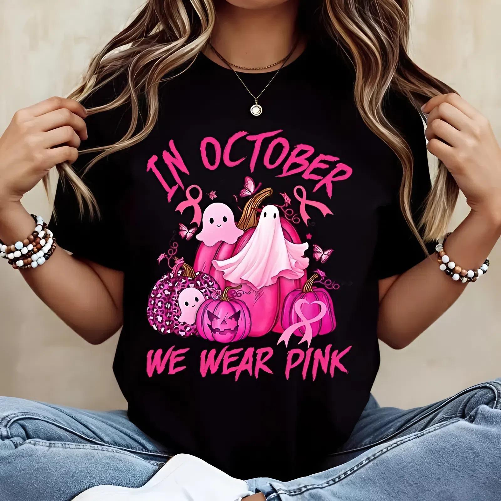 Youth and Adult In October We Wear Pink, Ghost Pumpkin Print T-Shirt, Breast Cancer Awareness Halloween Top, Autumn Festival Support Gift, Youth clothing, Family Shirt, Holiday outfit, Gift for boys and girls