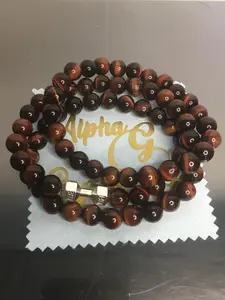 Alpha Strength – Red Tiger Eye Stack with Silver Dumbbell Charms (3pc Set)