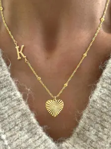 Elegant Stainless Steel Letter Heart Pendant Necklace for Women, Fashionable Wave Bead Chain, Casual Style, All Seasons Jewelry