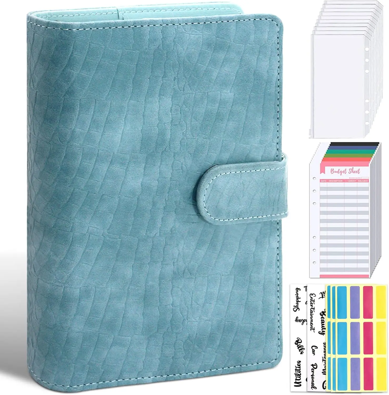 Budget Binder with Zipper Envelopes, Budget Book with Cash Envelopes, Premium Pu Leather A6 Binder with Expense Budget Sheets and Stickers, Savings Binder for Budgeting (Light Blue)