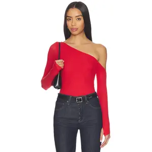 Michael Lauren Magdaleno Asymmetrical Fitted Cold Shoulder Top in Brick