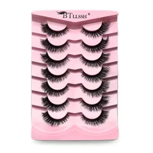 7 Pairs Fluffy False Eyelashes, Cat Eye Look Faux Cluster Lashes, Natural Curling Eye Makeup Strip Lashes, Volumized False Eyelashes, Fluffy Volume Eyelashes for Women and Girls