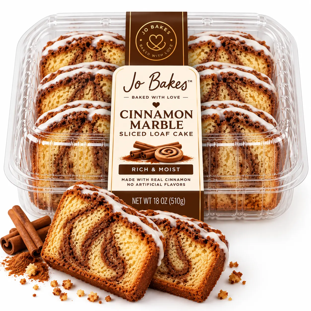 Jo Baked Cinnamon Marble Sliced Loaf Cake - Rich & Moist, Made with Real Cinnamon, 18 oz (510g) Dessert Baking