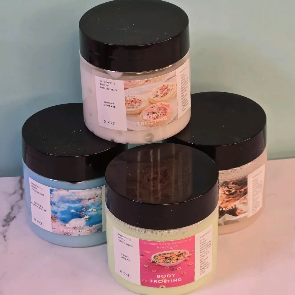 4-Piece Handmade Body Frosting Sample Set - Whipped Shea Butter & Sweet Almond Oil Moisturizer Bundle, Gentle Daily Scented Lotion for Sensitive Skin Restore, Hydrating Lightweight Formula for All Skin Types, Lock in Moisture, Vitamins, Fruit, Bottle, Ecz