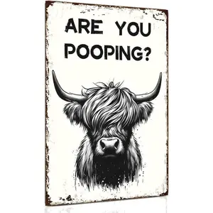 Interesting Highland Cow, are you pooping? Metal Logo Retro Farmhouse Bathroom Wall Decoration Highland Cow Enthusiast Gift