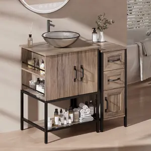 VNN Bathroom Vanity with Sink - 36 Inch Bathroom Vanity with Sink, Open Shelves and 3 Storage Drawers Side Cabinet, Modern Iron Wood Cabinet with Countertop Tempered Glass Vessel, Grey