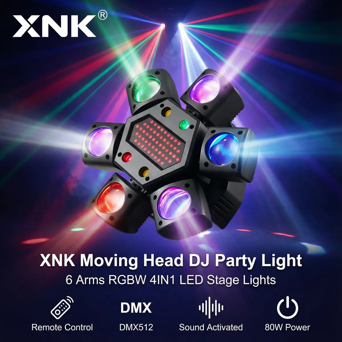 XNK 6-Arm Bee-Eye Moving Head DJ Light, RGBW RGB LEDs Color Changing Light Source, Red & Green Laser, DMX-512 & Sound Activated for Weddings, Festivals, Clubs Commercial Lighting