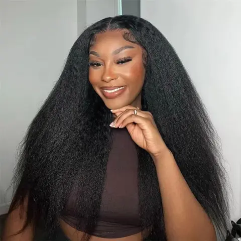 Ronashow Female Kinky Straight Human Hair T Part Lace Frontal Wig - 13x6x1 & 13x4 Transparent Lace, 4x4 Wear Go, Pre Plucked Pre Cut Natural Color, Glueless, Adjustable, Heat Resistant, Suitable for All Skin Tones, Sohochic