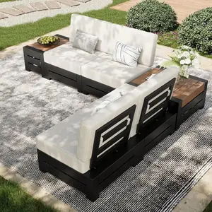 6-Piece Outdoor Patio Sectional Sofa Set – Steel Frame with Thick Cushions, Beige