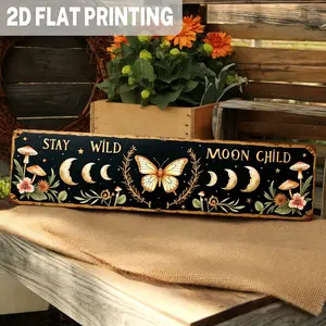 Bohemian Celestial Wall Decor "Stay Wild Moon Child" Tin Sign - Mystical Moon Phase & Butterfly Art - Witchy Mushroom Metal Plaque for Bedroom Dorm - Cottagecore Aesthetic Decoration
