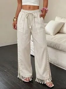 Women's Bohemian Lace Fringe Lightweight Linen Wide Leg Pants, Elastic Drawstring Waist, Casual Loose Fit, Pockets, Summer Beach, Vacation, Daily Wear