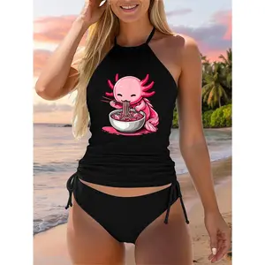 Funny Axolotl Noodle Gifts Anime Kawaii Axolotl Eating Ramen Noodles Unisex Adult Two Piece Swimsuit Black Small