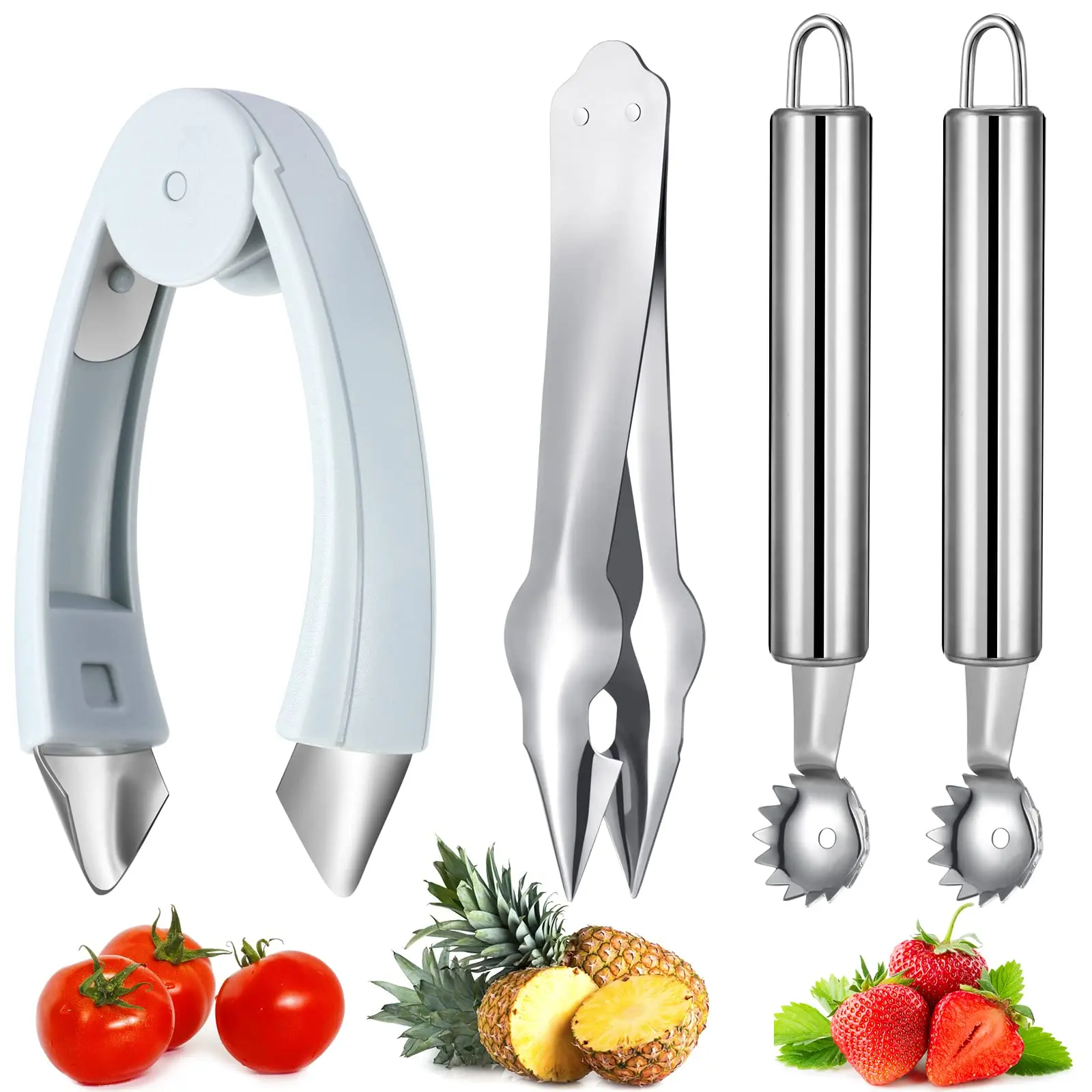 4-Piece Rustproof Stainless Steel Home Kitchen Utensils Set - ABS Strawberry Huller, Pointed Blade Tomato Corer, 3 Different Styles Multi-Use Fruit & Vegetable Tool with Handle, Easy to Use & Clean, Ideal for Sharing with Family and Friends