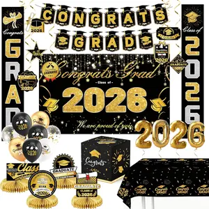 Graduation Decorations 2026-Black and Gold Party Supplies,Class of 2026 Backdrop,Congrats Grad Banner,Tablecloth,Porch Banner,Balloons & Grad Card Box for College High School