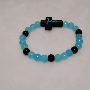 Elegant Glass Bead Bracelet with a Cross and the Word Jesus on It - Blue and Black Beads Design