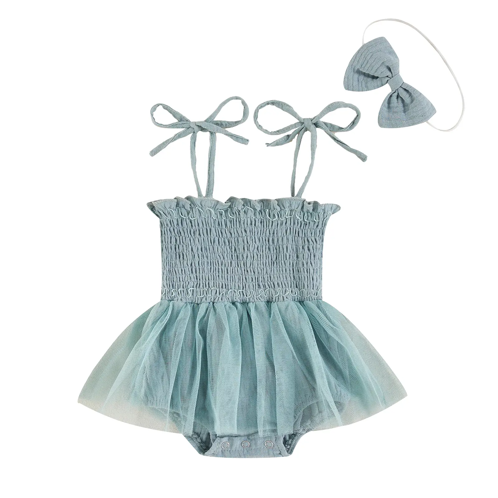 Infant Baby Girls Romper Dress Strap Tie-up Sleeveless Bodysuit Jumpsuit with Headband Newborn Girls Outfit Spring Summer Clothes
